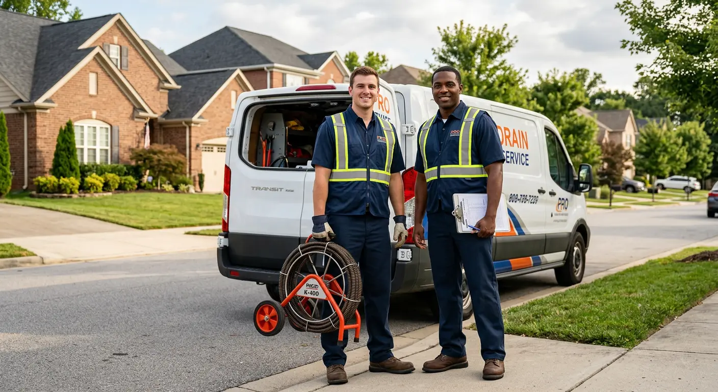 Sewer and drain service team with equipment ready for work in Four Corners