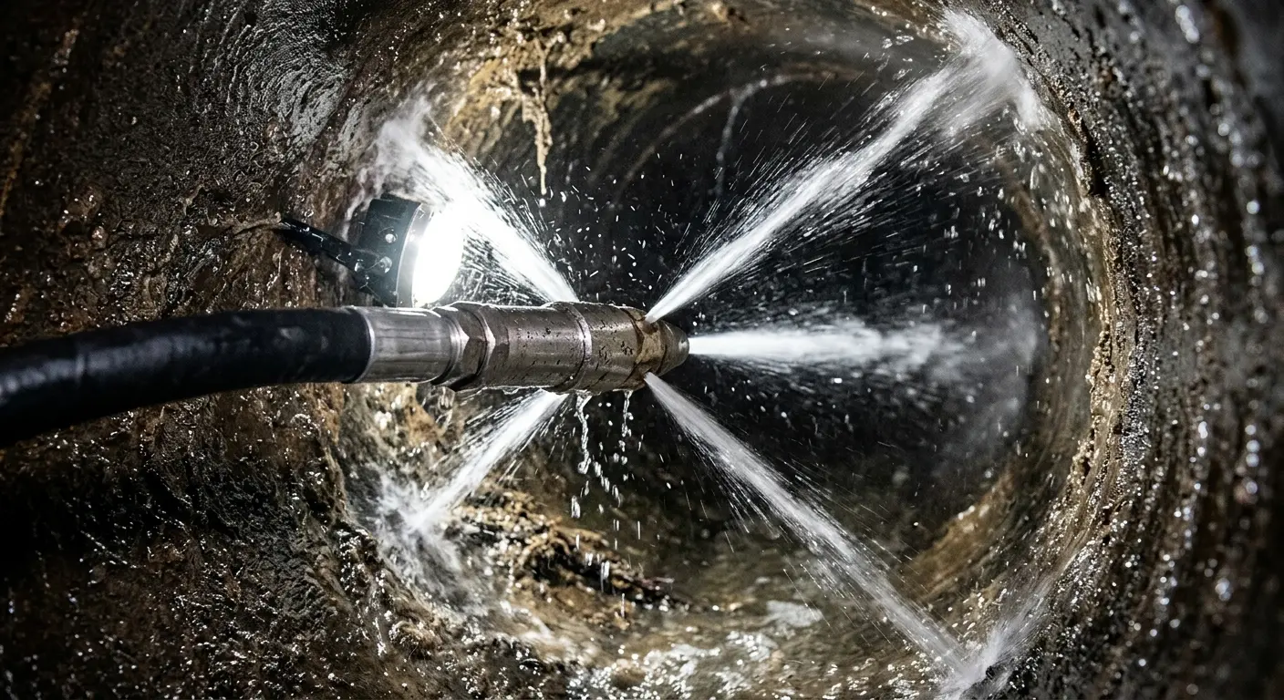 High-pressure hydro jetting nozzle cleaning sewer pipe for Emergency Drain Service in Four Corners