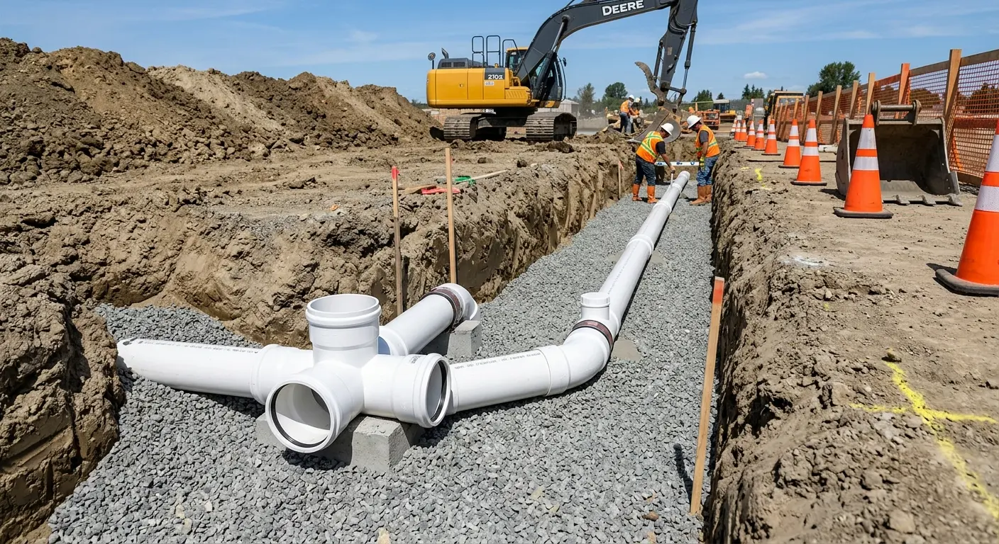 New PVC sewer pipe installation in open trench for Sewer Camera Inspection in Four Corners
