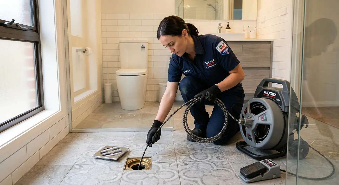 Technician clearing a bathroom floor drain for Sewer Line Replacement in Four Corners